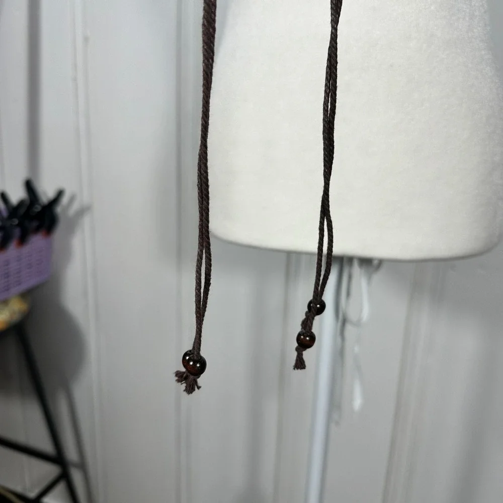Vintage Brown Wooden Bead Wide Tie Belt Woven Boho Hippie Adjustable Waist